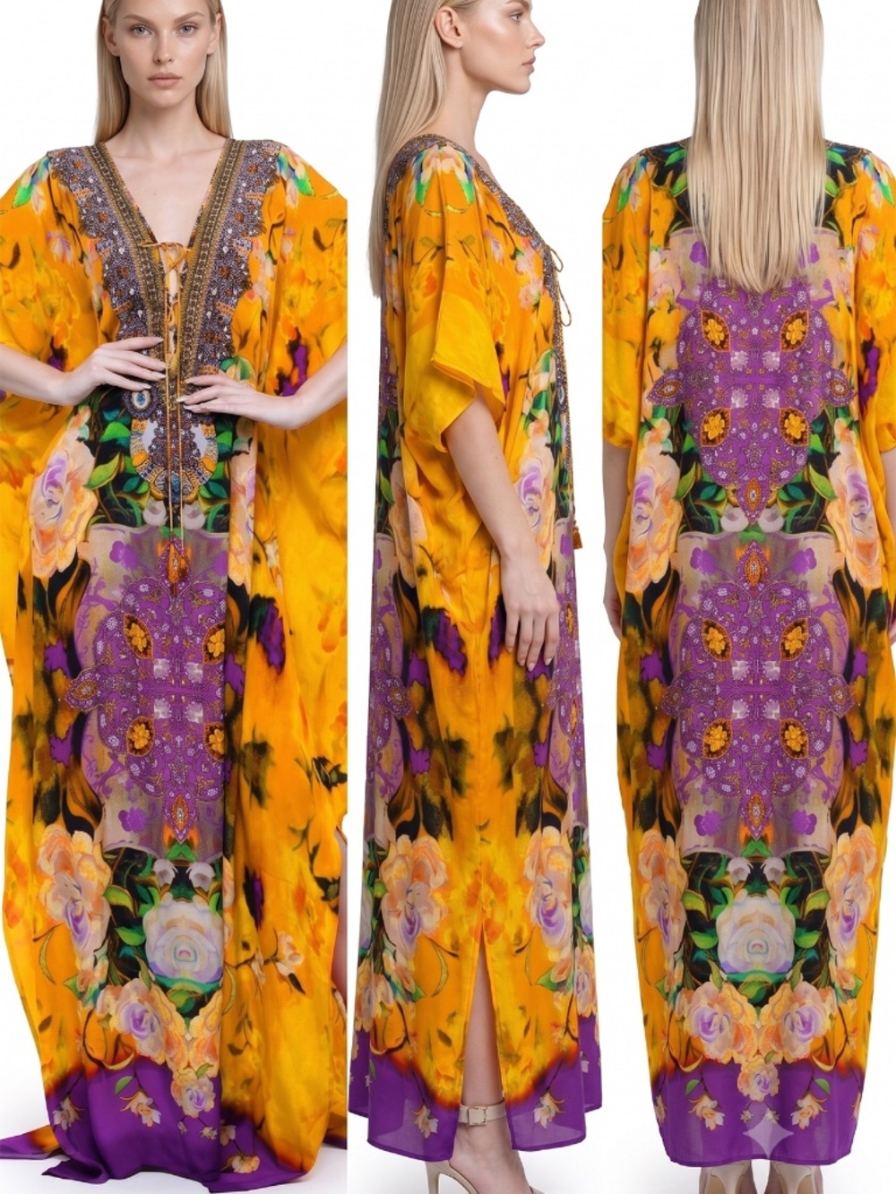 Shahida Parides Yellow Floral Embellished Kaftan Maxi Resort Dress